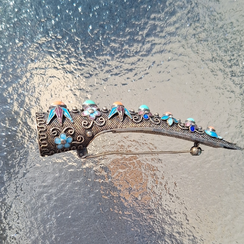 Antique China Silver Enamel Turquoise & Coral Finger Nail Guard Pin Brooch
